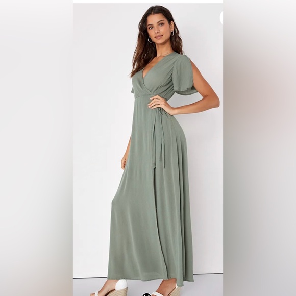 Lulus Dresses & Skirts - Much Obliged Washed Olive Green Wrap Maxi Dress